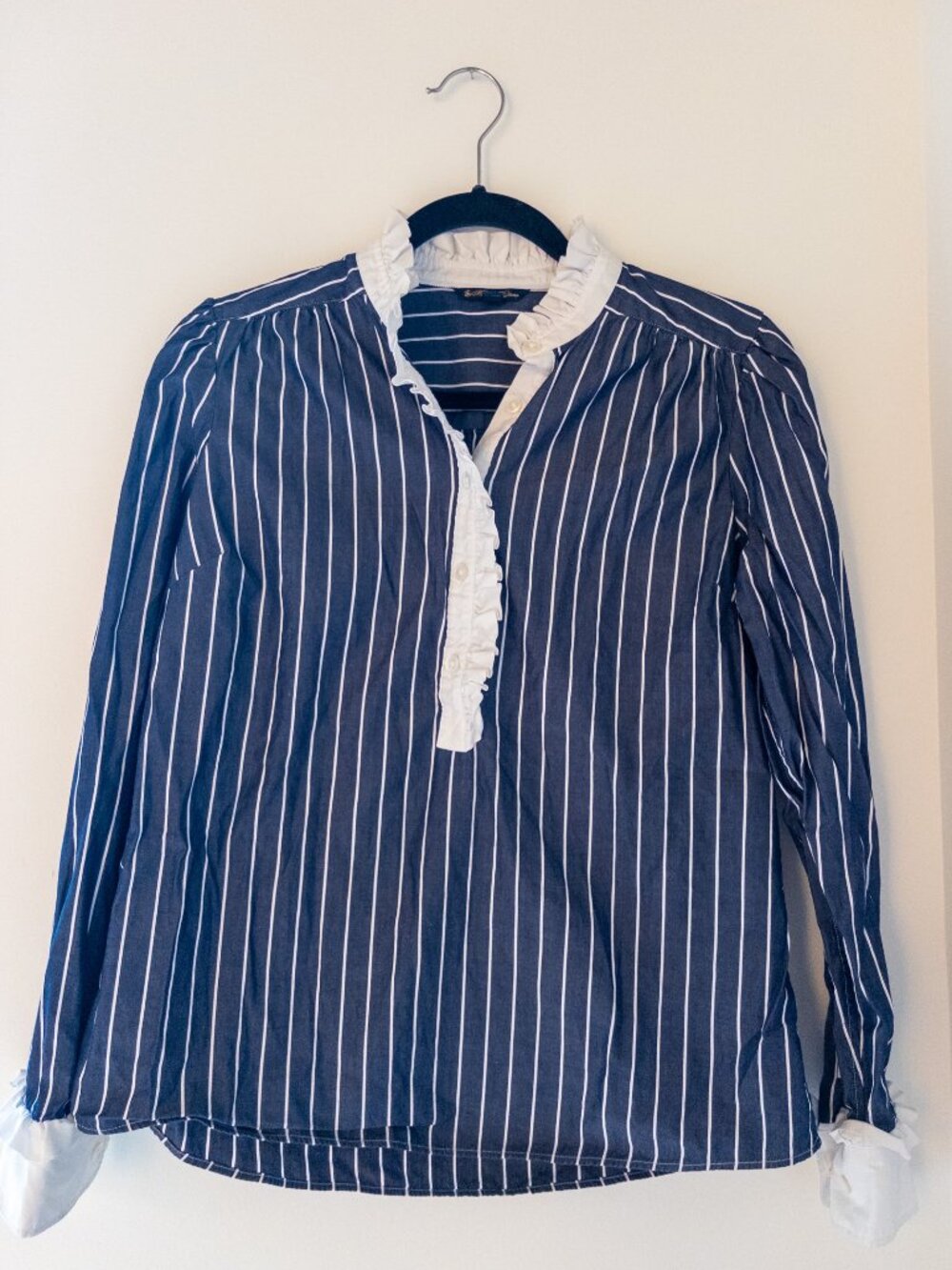 Brooks Brothers Ruffled Button Down Blouse Blue and White Striped
